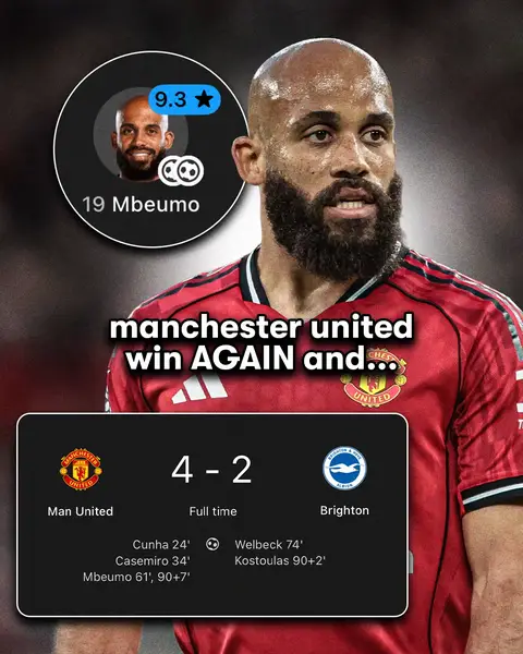 Manchester United have won THREE GAMES in a row after a huge 4-2 victory against Brighton… 🤩👏🏼 Bryan Mbuemo stars with 2 goals, winning FotMob Man of the Match with a 9.3 rating! 💪🏼 #fotmob #football #manchesterunited #manunited #amorim 