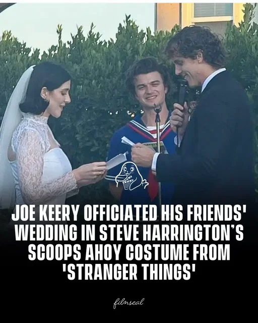 Joe Keery, known for playing Steve Harrington on Stranger Things, recently officiated a friend’s wedding while dressed in Steve’s iconic Scoops Ahoy uniform from the show. #FilmSeal #tv #tvseries #tvshows #shows   