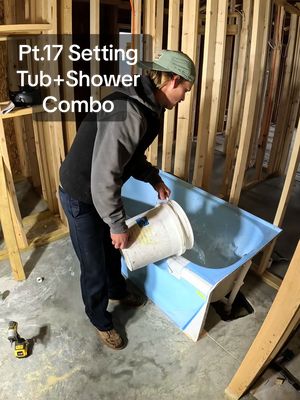 Pt.17 Setting the tub+shower surrounds #DIY #customhome #fyp #series #modernhome 