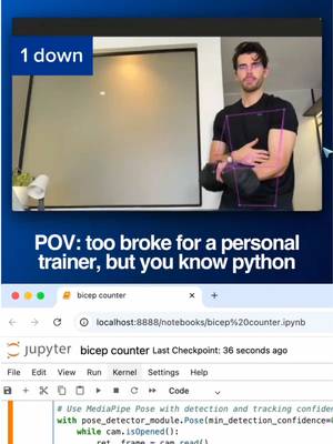 coding a bicep curl counter app 👾 Let me know if you guys want a video walking through how to build this.  this is a fun python, machine learning/computer vision project that uses pose estimation to detect arm movement through your webcam. Took me a few hours, as the text just wasn’t appearing for ages (had the usual breakdown turned into god complex once it worked in the end). 🤌 #coding #Tech #programming #machinelearning #python 