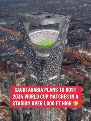 Can you imagine watching a soccer match 1,000 feet in the air? 😳⚽️  Set more than 350 metres above ground and integrated into the roof of the futuristic city THE LINE in NEOM, the new NEOM Stadium will seat around 46,000 fans and run entirely on renewable energy. Construction is slated to begin in 2027 and conclude in 2032, ahead of the FIFA World Cup 2034, where it will host matches from the group stage through to the quarter-finals. (via ImpactMediaFR) 