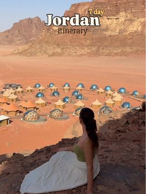 Jordan Itinerary - 1 Week 👇🏼🇯🇴🏜️ 📌Save this for your future trip!  🕌 Amman (2 days max.) If you’re short on time you can do this in one day as a tour (check my Tour Recommendations page in my linktree for links!) - Roman theatre  - King Abdullah I Mosque - Amman Citadel  - Food and old markets tour (we loved this!)  - Cave of Seven Sleepers  - Jordan Museum  🏛️ Jerash ( 1 day)  - Can be done as a day trip from Amman, you don’t need to stay here overnight - Incredible Roman ruins that are huge and a must see while you’re staying in Amman 🏜️ Wadi Rum Desert (2 days) - We stayed at Memories Aicha Luxury Camp in the Panoramic Luxury Suite - Camps/accommodation will book your activities such as:  - stargazing with photoshoot - desert jeep safari - sunrise hot air balloon ride  - hike the rock formations 🐫 Petra (2 days) - Petra is an archeological site that spans over 60 square km  (the size of Manhattan!) So you need two days!  - There’s so many of trails, tombs and temples but the most famous are The Treasury, The Monastery, The Great Temple and more!  - Save money by buying the Jordan Pass!  - See Petra at night (separate ticket) lit up by candles and hear traditional Jordanian musicians  ⛱️ (Optional) Add on - Aqaba (2 days)  - A seaside town/port city on the Dead Sea, we decided not to visit because we had a similar experience in Egypt but it’s known for great resorts and if you have a few extra days a great spot to relax In a resort!  Add Jordan to your bucketlist! Is there anything you’d want to know for future Jordan videos? 🇯🇴🐫🏜️ #jordan #petra #petrajordan #visitjordan #travelblogger #travelpassport #travelguide #jordanguide #traveladvice #wadirum #desert #amman #jerash 