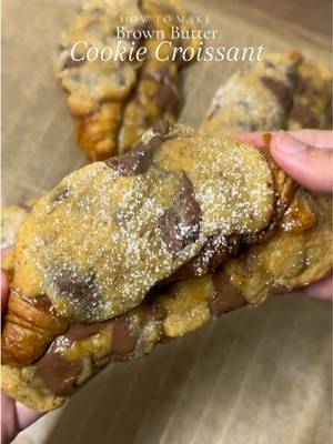 Brown Butter Cookie Croissant 🤤 Ingredients •3/4 cup (168 g) unsalted butter* •1 cup (200 g) packed light brown sugar •1/4 cup (50 g) granulated sugar •1 large egg + 1 large egg yolk, at room temperature •1 tablespoon pure vanilla extract •1 3/4 cup (220 g) all-purpose flour •3/4 teaspoon baking soda •3/4 teaspoon kosher salt + more flaky seat salt for sprinkling •1 1/2 cups (255 g) semi sweet chocolate chips or roughly chopped chocolate •4 Fresh Croissants  INSTRUCTIONS: •Place the butter in a small saucepan and set over medium low heat. Low heat is key to an even, golden browning! Use a silicone spatula to stir and scrape the butter from the bottom and sides of the pan every 10 to 15 seconds. At first, the butter will melt and foam, then over time the foam bubbles will get smaller and the butter will begin to emit a warm, nutty aroma. Continue to cook the butter, occasionally stirring and scraping with your spatula, until the butter begins to take on color and you see small floating brown bits, about 5 to 7 minutes (these are the milk solids in your butter separating and toasting). Once the butter is golden brown, remove it from the heat and allow it to cool in the saucepan for a few minutes. •In a large mixing bowl, combine the brown butter, brown sugar, and granulated sugar. Use a silicone spatula to mix together. Add the egg, extra egg yolk and vanilla and mix well. •Add in the flour, baking soda, salt and fold until no streaks of flour remain, being careful not to overmix your batter. The dough should be soft but not sticky, so when you touch it with your finger, it gives just a little.  •Fold in the chocolate chips until evenly distributed. Do not over mix. Cover the bowl and place it in the fridge to chill for at least 1 hour (and up to overnight). •Remove the dough from the fridge and allow it to soften at room temperature until it’s scoopable (about 20 minutes). Preheat the oven to 350°F for 30 minutes. •Cut croissants into half, spread some chocolate spread on one side and place Cookie dough on the other side. Place a dollop of cookie dough on the top of the croissants. •Bake until the cookies have puffed up and are light golden brown around the edges but still somewhat soft in the middle, 12 to 13 minutes. Remove the baking sheet from the oven and allow the Cookie Croissant to cool slightly on the baking sheet before serving. •Enjoy ✨ (You can freeze any extra dough for future use)  #cookie #asmr #dessert #sweet #viral 