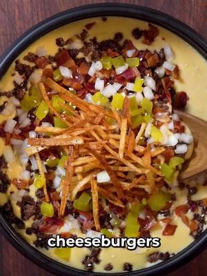 Cheeseburger Soup 6 cups chicken stock 1/4 cup salted butter 1/4 cup all purpose flour 8 oz cubed velveeta  1 pound ground beef 1/4 cup onion powder 1 pound chopped bacon 1 potato cut into matchsticks 1 small diced onion 1 small diced dill pickle Sesame seeds for garnish Sesame Oil for garnish 