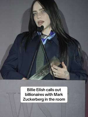 “If you’re a billionaire… why are you a billionaire?” 👀 @BILLIE EILISH calls out billionaires with Mark Zuckerberg in the room as she receives WSJ’s Music Innovator award. 🏆  #speech #billieeilish #hitmehardandsofttour 
