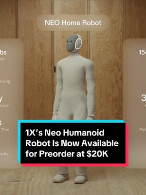 This is Neo, the humanoid robot. It's a personal assistant you can talk to and eventually rely on to take care of everyday tasks, such as loading the dishwasher or folding laundry.  But Neo doesn't work cheap. It'll cost you $20,000. And even then, you'll still have to train this new home bot. If that sounds enticing, preorders are now open (for a mere $200 down). You'll be signing up as an early adopter for what Neo's maker, a California-based company called 1X, is calling a "consumer-ready humanoid." That's opposed to other humanoids under development from the likes of Tesla and Figure, which are, for the moment at least, more focused on factory environments.  The first units will ship to customers in the US in 2026 with a broader international rollout is promised for 2027.  Would you pay $20,000 for your own robotic personal assistant? #humanoidrobot #neo #robotics #1x #humanoid 