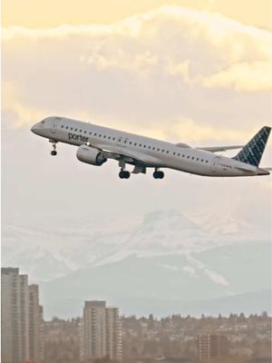 Our E2 lifting off into pastel skies, surrounded by snow-capped mountains. Takeoffs don’t get much more picturesque🏔️☁️ 📸 @tynovakaviation #flyporter #porterairlines #planespotting #aviationlover #embraer 