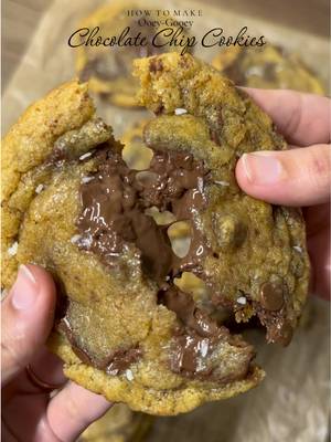 Ooey-Goey Brown Butter Chocolate Chip Cookies🤤 Ingredients •3/4 cup (168 g) unsalted butter* •1 cup (200 g) packed light brown sugar •1/4 cup (50 g) granulated sugar •1 large egg + 1 large egg yolk, at room temperature •1 tablespoon pure vanilla extract •1 3/4 cup (220 g) all-purpose flour •3/4 teaspoon baking soda •3/4 teaspoon kosher salt + more flaky seat salt for sprinkling •1 1/2 cups (255 g) semi sweet chocolate chips or roughly chopped chocolate INSTRUCTIONS: •Place the butter in a small saucepan and set over medium low heat. Low heat is key to an even, golden browning! Use a silicone spatula to stir and scrape the butter from the bottom and sides of the pan every 10 to 15 seconds. At first, the butter will melt and foam, then over time the foam bubbles will get smaller and the butter will begin to emit a warm, nutty aroma. Continue to cook the butter, occasionally stirring and scraping with your spatula, until the butter begins to take on color and you see small floating brown bits, about 5 to 7 minutes (these are the milk solids in your butter separating and toasting). Once the butter is golden brown, remove it from the heat and allow it to cool in the saucepan for a few minutes. •In a large mixing bowl, combine the brown butter, brown sugar, and granulated sugar. Use a silicone spatula to mix together. Add the egg, extra egg yolk and vanilla and mix well. •Add in the flour, baking soda, salt and fold until no streaks of flour remain, being careful not to overmix your batter. The dough should be soft but not sticky, so when you touch it with your finger, it gives just a little.  •Fold in the chocolate chips until evenly distributed. Do not over mix. Cover the bowl and place it in the fridge to chill for at least 1 hour (and up to overnight). •Remove the dough from the fridge and allow it to soften at room temperature until it’s scoopable (about 20 minutes). Preheat the oven to 350°F for 30 minutes. Weigh each cookie dough ball up to 70-75 grams.Place on the prepared baking sheets, spacing the dough 2 inches apart.  •Bake until the cookies have puffed up and are light golden brown around the edges but still somewhat soft in the middle, 12 to 13 minutes. Remove the baking sheet from the oven and allow the Cookies to cool slightly on the baking sheet before serving. •Enjoy ✨ (You can freeze any extra dough for future use) #cookie #asmr #viral #dessert #chocolate 