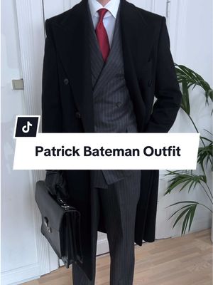 How to dress like Patrick Bateman in American Psycho 🎬 in this video, I’m also introducing a new suit that captures his character perfectly. The look starts with high-waisted dark grey pinstripe trousers, a light blue contrast shirt, and a red dotted tie, paired with black Oxfords and a matching jacket. On top, a long black wool-and-cashmere coat, black leather gloves, and a sleek black briefcase complete the ensemble. #menswear #mensstyle #halloweenoutfit #patrickbateman #americanpsycho 