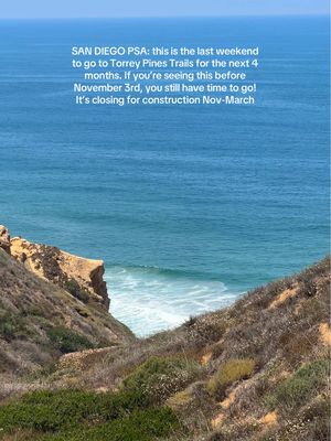 your sign to go this weekend before it’s too late!! found out when I was there last weekend that they will be closing the road up/all trails starting November 3rd. They’re installing bathrooms/plumbing at the trailheads!  #sandiego #torreypinesstatepark #torreypines #hikingtrails #sandiegohike 