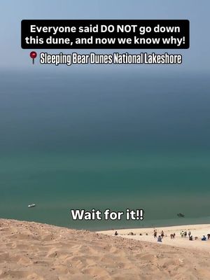 Have you been to Sleeping Bear Dunes in Michigan. It’s a beautiful National Lakeshore. But, DO NOT go down this dune! Unless you are in really really good shape. We saw so many people crawling back up. All of them said it was so much worse than they thought it would be. It’s sand and rocks going straight down 450 ft to Lake Michigan. It has beautiful views at the top of the lake. But, if you go down to get in the water and have to be rescued it’s $3,000. The park even discourages you, but they don’t forbid. Which I thought was interesting.  Those are people at the very bottom that look like ants.  Would you do this hike? #michigan #rvtravels #sleepingbeardunes #dangeroushike #lakemichigan  