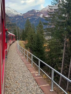 The Bernina Express is one of the most scenic train journeys in Switzerland, connecting St. Moritz and Tirano across the Swiss Alps. If you travel in late autumn, you can actually see autumn and winter in the same ride. It's a UNESCO World Heritage route operated by RhB (Rhaetian Railway), famous for its panoramic views, mountain passes, and spiral viaducts. The regular Bernina Red Train follows the same route, but with openable windows (a dream for photographers). • Useful info: • Route: St. Moritz - Tirano - Chur • Duration: about 2 h 20 min (one way) • Tickets: from around 40 € (2nd class) • No seat reservation needed • You can hop off at small Alpine stops along the way • Can be done easily as a day trip from Milan, that's what I did, and it was absolutely worth it. It's one of those rare travel moments that feels both luxurious and real. Golden valleys, snowy peaks, and that quiet hum of the Bernina Express gliding through the Alps. Save this for your next Switzerland or Italy itinerary, especially if you're dreaming of an autumn-to-winter journey through the Alps.
