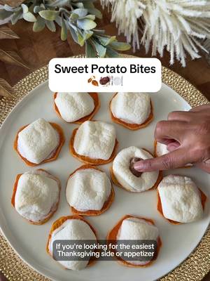 Sweet Potato Bites = game changer. Save this for your Thanksgiving spread! 🍠🔥 Recipe: Ingredients: 2 large sweet potatoes, peeled and sliced into ½-inch rounds 3 tbsp unsalted butter, melted 2 tbsp pure maple syrup 1 cup marshmallows ½ cup candied pecans Pinch of salt Instructions: Preheat oven to 400°F (200°C). Line a baking sheet with parchment paper. Coat sweet potatoes in butter maple syrup and salt Roast for 25–30 minutes, flipping halfway, until tender and caramelized. Remove from oven, top each round with a marshmallow. Broil for 1–2 minutes (or torch) until marshmallows are golden brown. Push a candied pecan on top of each round. Serve warm. #thanksgiving #sidedish #EasyRecipe #holidayrecipe