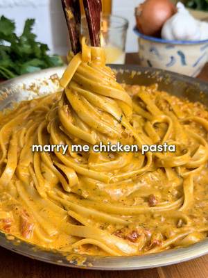 Marry Me Chicken Pasta 🫶 Minimal steps, maximum taste: a no-fuss dinner to win hearts 🥰 and best of all, an easy clean-up thanks to my go-to stainless steel @Made In Cookware pan! If you want cookware that will actually last, check out the full Made In Stainless Collection in my bio. For the chicken: -2 chicken breasts, flattened -2 tsp each garlic powder, paprika, seasoning salt, Italian seasoning, black pepper -1 tbsp olive oil (to coat) -2 tbsp olive oil (for cooking) -2 tbsp butter For the pasta + sauce: -8 oz (225 g) pasta of choice -1 medium yellow onion, finely diced -1/3 cup sundried tomatoes, chopped -7 garlic cloves, minced -3 tbsp sundried tomato oil (from the jar) -2/3 cup chicken broth -2 tbsp tomato paste -2/3 cup heavy cream (room temp) -1 tsp each Italian seasoning, chili flakes, black pepper, salt -Juice of 1/2 lemon + 2 tsp zest -Fresh basil -1/2 cup parmesan cheese, grated -1/2 cup pasta water, as needed Instructions: 1. Season chicken and coat with 1 tbsp olive oil until fully covered. 2. Boil salted water + cook pasta until just shy of al dente. Reserve pasta water, drain, and toss in a bit of oil to prevent sticking. 3. Heat your pan (ideally stainless steel) over medium for a few minutes. Test by flicking a tiny bit of water — it should “dance” across the surface. Add 2 tbsp olive oil, increase heat to medium-high, then add the chicken. Sear 3-4 min per side until golden. Add butter and baste to finish. Remove and rest. 4. Add diced onion to the same pan. Cook 5 minutes until soft and lightly golden. Add sundried tomato oil + chopped tomatoes and cook 2 minutes, then garlic 2 minutes more. 5. Pour in chicken broth, simmer a couple minutes, then add tomato paste + cream. Season with Italian seasoning, salt, pepper, chili flakes. Add lemon juice, zest, fresh basil. 6. Add pasta and parmesan into the sauce, and splash pasta water as needed to achieve a glossy saucy consistency. 7. Slice chicken, plate on top, finish with extra parm + basil. Enjoy! #madeinpartner 