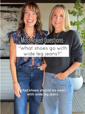 Sometimes it can be so confusing figuring out what shoes to wear with wide leg jeans!  We think it’s best to avoid bulky, round toe shoes and stick with a pointy toe heel, boot or flat! Sneakers work, too, but keep the sneaker style slim like our low profile and retro styles. If you wear the right shoes, wide leg jeans make you look like you have legs for days!!👏🏼 #fallfashion #falloutfits #outfitinspo #over40 #styletips 