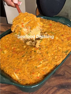Seafood Dressing                    12oz pkg cooked crawfish tails 8oz  jumbo lump crab meat (I feel claw meat would be better) 1 lb shrimp  3 boxes Stove Top Stuffing mix (Sage, herb and turkey) Cornbread  1/2 green bell pepper  1/2 red bell pepper  1 med onion 2 stalks celery  2 cans @Campbell’s Soup cream of celery  4 cups shrimp stock (added 2 tbs lobster base) 2-3 tsp Old bay 1 tbs Tony’s No salt seasoning  4 oz clam juice (optional)