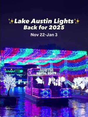 ✨ Lake Austin Lights is BACK! ✨Sat, Nov 22-Jan 3rd @Austin Rental Boats  Our favorite holiday event from last year is returning for its second season — bigger and brighter than ever! 🌟 PLUS free Blue Santa Hats for everyone aboard this year! Step aboard for a 45-minute, fully captained holiday cruise and experience a slow, magical journey around Lake Austin. This year’s cruise features:  🎄 A dazzling LED forest along the shore 🌊 Seven floating 20-foot 3D LED motifs 🚤 Fully illuminated boats glowing with festive cheer The highlight is a breathtaking 80-foot Floating Tunnel of Lights — and this year, there are two tunnels! ✨ As your boat glides through, you’ll be surrounded by thousands of twinkling lights and lifelike 3D motifs that transform the lake into a glowing holiday wonderland. Cozy up with complimentary wool blankets, hand warmers, and bottomless Mozart’s hot chocolate. 🎅 💫 Shared boat rides: $30/person 🍩 Private “donut” boats: $300 🛥️ Private boat rentals (up to 15 people): Starting at $360 Boats launch from Oyster Landing outside Mozart’s Coffee, and you get into Mozarts Festival of Lights free with your ticket. ✨ Tickets will go fast — link in bio to book your cruise! #lakeaustin #austintexas #holidayevents #holidaylights #texastodo  