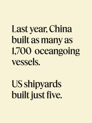 Last year, US shipyards built just five oceangoing vessels. China built as many as 1,700, with its largest state-owned shipbuilder producing more vessels by tonnage than the US has built in all the years since World War II combined. Tap the link to read the full story from Semafor's Andy Browne.