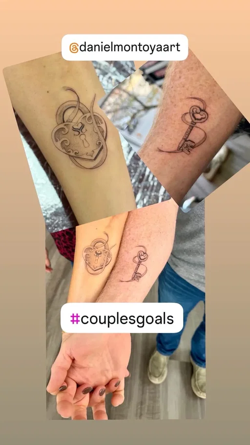 We did a thing! Got a matching lock and key tattoo! So gorgeous and meaningful to celebrate our 1 year anniversary 💕 @Daniel Montoya  #coupletattoo #matchingtattoos #couplegoals #anniversary #finelinetattoo 