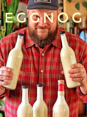 1.5 cup sugar 36 oz Almond Milk 24 oz Heavy Cream 16 oz Cognac, Rum, whiskey, or tequila  16 oz cream sherry 12 drops vanilla extract  6 drops almond extract  1 tablespoon grated nutmeg, or to taste  Salt These measurements in the caption are correct, I mess up what I say on camera sometimes but the captions always right, well, usually. You can make your nog now so it’s ready for later. Let this be a template for you. Maybe use a different sherry or sub some sherry for banana liqueur and use some aged tequila. The world’s your oyster. Or use this recipe because it slaps. You’re welcome to add more booze but you will lose a little thickness in doing so but party on I won’t stop you.