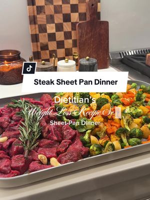 Another sheet pan dinner! Bc weeknight dinners don’t need to be complicated 🙌 Ingredients: 	•	1 lb steak (sirloin or flank) 	•	2 cups broccoli florets 	•	1 ½ cups Brussels sprouts, halved 	•	2 carrots, sliced 	•	1–2 small potatoes, diced 	•	3–4 garlic cloves, smashed 	•	½ red onion (optional) 	•	1 jalapeño, sliced (optional for heat) 	•	avocado oil Seasoning mix: 	•	1 tsp salt 	•	1 tsp black pepper 	•	1 tsp garlic powder 	•	½ tsp onion powder 	•	½ tsp smoked paprika 	•	½ tsp dried thyme or Italian seasoning 	•	Optional: pinch of crushed red pepper flakes Directions: 1️⃣ Preheat oven to 400°F. 2️⃣ Toss veggies with avocado oil and half the seasoning mix. Spread evenly on a sheet pan. 3️⃣ Season steak with the remaining spices and place on side. 4️⃣ Roast for 20 minutes, or until veggies are tender and steak is cooked to your liking. (You can roast the veggies first and then add the steak if you prefer your steak at a lower temp)  ✨ Chimichurri (Fresh & Tangy) 	•	½ cup parsley 	•	2 tbsp red wine vinegar 	•	2 garlic cloves 	•	1 tsp oregano 	•	½ tsp chili flakes 	•	¼ cup olive oil 	•	Salt to taste Blend or finely chop all ingredients and drizzle over the steak before serving. A balanced, colorful dinner that’s high in fiber, protein, and flavor 💪 #sheetpandinner #healthyrecipes #highproteinmeals #weightlossrecipies #weightloss 