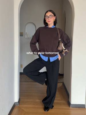 picking your outfit so you don’t have to stress tomorrow morning | pt. 1💙 a brown crewneck or sweater, layered over a blue button up with some trousers and accessories!! #outfitinspo @Gap @MARGESHERWOOD 
