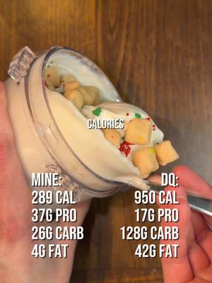 Replying to @Anj ⬇️FULL RECIPE⬇️ 281 calories 37g protein (for the entire pint, mix-ins/toppings included) Frosted Sugar Cookie Protein Blizzard 😋🍦 Original recipe from my Recipe Book Check out the link in my bio for my Creami Recipe Book with over 150 recipes like this one! - 400g Fat Free High Protein Milk - 35g Monk Fruit sweetener - 5g (1 tsp) vanilla bean paste (or extract) - A pinch of salt - 1g (¼ tsp) xanthan gum Mix-ins/toppings: - 15g protein frosting (can sub with normal frosting) • Mix 15g of your favorite protein powder with a splash of water (add water very slowly and mix until it becomes a frosting-like consistency) - ⅓ of a package of the @Try FUUL Birthday Cake Cookie Dough bites - (Optional) ½ tsp Christmas-themed sprinkles 281 cal 24g C, 4g F, 37g P Instructions: 1. Blend all ingredients for the base and freeze (at least 16 hours) 2. Prep the protein frosting - In a cup, slowly add water to 15g of protein powder. Stir until it reaches a frosting-like consistency. Refrigerate until you’re ready to use it. 3. Run your pint under hot water for at least 60 seconds 4. Spin on “Lite Ice Cream” setting 5. Respin if very powdery 6. Make a hole down to the bottom with a butter knife and fill with the frosting 7. Run the “Mix-in” cycle 8. Top with the cookie dough bites and sprinkles Follow me for more @Ninja Kitchen Creami recipes! Code FPF to save on @Prime Bites Protein Treats @Hormbles Chormbles  • • • • #ninjacreami #proteinicecream #dairyqueen #dqblizzard #fpf 