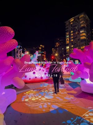 Vancouver’s Lumière Festival is back — and it’s free @Lumiere ✨✨ From November 13–16, 2025, wander through Vancouver’s streets and neighbourhoods as the city transforms into a glowing celebration of art, light, and community under the theme of “Unity.” This family‑friendly, free event will light up the West End, Downtown, and Gastown, with no official opening ceremony — so the focus is entirely on immersive, accessible installations designed to bring people together across cultures and communities. 🌟 For full details, locations, artist line‑up and more, visit: www.lumiereyvr.com #lumiereyvr #thingstodoinvancouver #explorevancouver #vancouverbc #downtownvancouver 