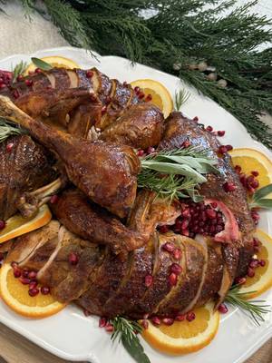 The best Thanksgiving turkey! Spatchcocked with an orange glaze and a delicious compound butter. It’s definitely going to be a crowd pleaser. Recipe: Dry Brine: 1 (13 to 14) pound spatchcocked turkey  1/4 cup kosher salt (I use Diamond Crystal) 1 tablespoon freshly ground black pepper  3 tablespoons dark brown sugar 2 teaspoons ground coriander Compound Butter: 1 cup (2 sticks) unsalted butter, at room temperature 7 garlic cloves, grated Zest of 1 lemon 1 tablespoon fresh rosemary leaves 1 tablespoon fresh thyme leaves 1 tablespoon fresh oregano leaves 1 tablespoon onion powder 1 tablespoon smoked paprika Avocado oil, for drizzling on top  Glaze: 6 tablespoons unsalted butter 1/4 cup pure maple syrup 1/4 cup soy sauce 2 tablespoons rice vinegar 1 tablespoon Worcestershire sauce 3 sprigs fresh thyme 3 sprigs fresh rosemary  Zest of 1/2 an orange -First, spatchcock the turkey: Use paper towels to pat the turkey dry and remove the bag of giblets. On a large cutting board, place the turkey breast-side down, with its backbone up. Starting from the bottom area, cut along one side of the backbone through to the end. Cut along the other side of the backbone and remove the backbone (discard or save for stock). Spread the turkey wide open.  Flip the turkey over, place it breast-side up on the cutting board, spread its legs out, and firmly press down with your hands on the middle of the breast bone until you hear a few cracks and the turkey sits flat on the cutting board.  Line a large sheet pan with foil. Set a wire rack on top.  -Make the dry brine: In a small bowl, mix kosher salt, freshly ground black pepper, brown sugar, and coriander. Rub the dry brine all over the turkey, including the bottom of the cavity. Place the turkey on the rack and refrigerate uncovered for at least 24 hours and up to 48 hours.  -When you are ready to cook the turkey, preheat the oven to 325°F and place a rack in the middle of the oven. Take the turkey out of the refrigerator at least 1 hour before it goes into the oven. Remove the turkey from the sheet pan  and place on a new sheet pan lined with a wire rack without foil.  -Make the compound butter: In a medium bowl, mix the butter, garlic, lemon zest, lemon juice, rosemary, thyme, oregano, onion powder, and smoked paprika. Gently lift the skin from the turkey breast and thighs and rub the butter all over the meat. Drizzle oil all over the skin and brush all over the top of the turkey.  -Place in the oven, insert a probe thermometer into the thickest part of the breast, and roast undisturbed until the internal temperature reaches 140°F,  (at which point you’ll start glazing every 15 minutes).   -Make the glaze: In a medium saucepan, combine the butter, maple syrup, soy sauce, rice vinegar, Worcestershire sauce, thyme, rosemary, and orange zest over medium heat. Mix, stirring often, until the butter melts and the mixture comes to a boil, then reduce the heat to medium low and stir constantly until it coats the back of a spoon, about 8-10 minutes. Remove from the heat.  -When the turkey reaches an internal temperature of 140°F, brush the glaze over the top of the turkey. Roast for 15 minutes, then glaze again. Repeat until the turkey reaches an internal temperature of 165°F for the breast and 185°F degrees for the legs and thighs. This whole process should take 2-3 hours. Rest at room temperature for 40 minutes before carving. Enjoy! #food #thanksgiving #turkey 