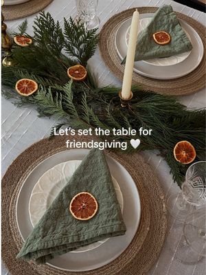 Setting up a cute little table setting for friendsgiving dinner hosted at our home! 🤍 Now that we have more space to host at home I had to pick up a lot of new items but went with neutral colors for the napkins, chargers and table cloth that could be used for any occasion, and added a festive touch with brass candle holders, cedar and pine branches and dried orange slices.  What am I missing for next year?! #pinteresthome #dinnerpartyideas #thanksgivingtablescape #christmastable #christmasdecoration 