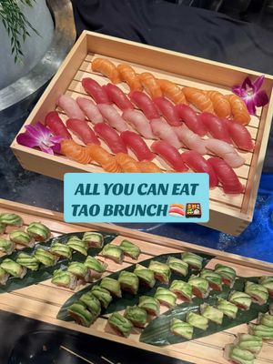 All you can eat brunch feast at @Tao Group Hospitality downtown with unlimited sushi?!?! Insane deal that rivals the Nobu one in London👀 #nycbrunch #allyoucaneat #nycsushi #unlimitedfood #nycrestaurants 
