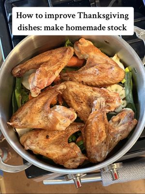 By far the easiest way to improve *any* Thanksgiving recipe that calls for stock: use homemade. 💯 And this is the perfect thing to prep NOW. 1. Roast any cut of turkey you like: wings, drumsticks, a bone-in turkey breast. Whatever! Just be sure to drizzle with olive oil and season generously with salt and pepper. Cook at 450F until golden brown, about 40-45 minutes. 2. Fill a stock pot with cut up veggies and aromatics. I used: 2 halved onions, a halved head of garlic, carrots, celery, parsley, thyme, scallions, and dried bay leaves. 3. Place the roast turkey on top, then deglaze the sheet pan with water — be sure to scrape off any browned bits. Pour this into the pot. 4. Add enough water to submerge the turkey and veggies, bring to a boil, then simmer for hours. The longer you go, the better it tastes. 😉 I cook mine for about 4 hours (because I needed to go to bed 😂). 5. Remove the turkey (enjoy the delicious meat in a variety of dishes!), strain the broth, then discard the veggies. What you’re left with is a glorious, flavorful turkey stock. 🙌🏻 Refrigerate until needed or freeze for later. #turkeystock #homemadebroth #thanksgiving #thanksgivingdinner #EasyRecipe