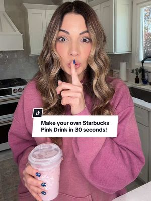 MAKE A STARBUCKS PINK DRINK IN 30 SECONDS! Next time you get Starbucks, save the plastic cup! Recipe for this quick copycat is below - if you don’t tell I won’t! 🤫 Ingredients  • 2 cups of White Cran-Strawberry juice • 1 cup sweetened vanilla coconut milk • 1/4 cup freeze-dried strawberries  Instructions 1. Add all ingredients to a cocktail shaker.  2. Pour over ice (pebbled ice to make it more like Starbucks!) #momlife #momcontent #starbucks #pinkdrink #MomsofTikTok 