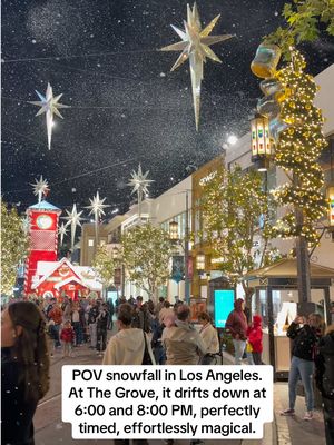 This is one of the most magical moments you can experience in Los Angeles. Every night at The Grove, right at 6:00 and again at 8:00 PM, the entire plaza transforms into a winter wonderland as snow begins to fall, soft, sparkling, and completely enchanting. Kids look up in awe, couples stop to take it in, and for a few minutes, the heart of LA feels like a scene straight out of a holiday movie. The music, the lights, the energy… everything comes together to create a moment you’ll want to relive again and again. If you’re looking for a little holiday magic this season, this is it. Add this hidden gem to your bucket list. @The Grove #thegrove #snowinla #fyp #viral #christmas 