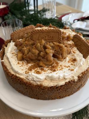 Biscoff Apple No Bake Cheesecake  If you’re looking for a simple and fun Thanksgiving dessert then you need to try this cheesecake. It’s everything you love about a traditional cheesecake with its creamy texture and thick delicious crust. But with less hassle and quicker cooking time. The no bake method clears up your valuable oven space. Recipe: Crust: 1 and 1/2 (8.8 ounces) packages of Biscoff cookies, finely crumbled 1 stick (8 Tbsp) unsalted butter, melted 1/4 teaspoon sea salt  -In a medium bowl, add all ingredients and mix until the Biscoff crumbs are all coated in butter.  -Add to a 9-inch nonstick springform pan. Using a glass, press the crumbs into the bottom and sides of the pan. Place in the freezer for 40 minutes. Cheesecake filling: 24 ounces cream cheese, room temperature 1 1/2 teaspoons vanilla extract 3 tablespoons Biscoff cookie butter 3/4 cup powdered sugar, sifted 3/4 cup heavy whipping cream -In a large bowl, add cream cheese. Using a hand mixer, mix until it becomes a whipped fluffy texture.  -Add cookie butter, vanilla extract, and sifted powdered sugar. Mix until well combined and set aside. -In another bowl, add heavy whipping cream and whisk until soft peaks form. Fold the whipped cream into the cream cheese mixture using a spatula. -Pour the cream cheese filling into the prepared springform pan with the crust. Spread evenly. Cover with plastic wrap and leave in the refrigerator for at least 8 hours, preferably overnight. Caramelized apples: 3 granny smith apples, peeled and cubed  4 tablespoons brown sugar 1 teaspoon lemon juice  1 tablespoon water 1 teaspoon ground cinnamon 2 teaspoons cornstarch -In a small saucepan, add apples, brown sugar, cinnamon, cornstarch, lemon juice, and water. Mix over medium-high heat, scraping the sides of the pan to combine all ingredients. Cook until apples are tender and juices have thickened, about 15-20 minutes. Set aside and allow to cool. Whipped cream:  3/4 cup heavy whipping cream  1 teaspoon vanilla  1/2 teaspoon salt  2 tablespoons powdered sugar  -Combine all ingredients in a medium bowl and whisk until stiff peaks form.  -Remove cheesecake from the refrigerator when ready to serve. Top with whipped cream, apples, and Biscoff crumbs and enjoy! #cheesecake #thanksgiving #EasyRecipe #food 