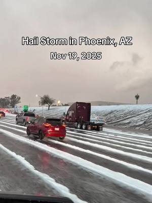 A hail storm is covering the road around the I-10 and 75th Ave in Phoenix, AZ, making it look completely snowy. Drive safe! ❄️🚗✨ #PhoenixWeather #AZStorm #HailStorm #Arizona #I10  