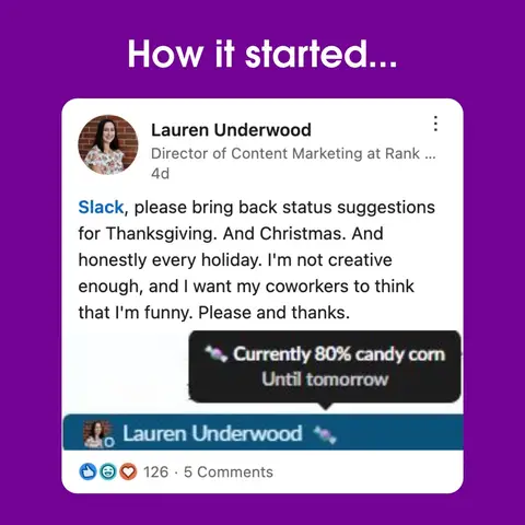 You asked for another taste of holiday flavor, so we're going back for a second helping. 🍽️ Thanksgiving-themed status options are now available for all US workspaces. 🍗 Give Slack a refresh and let us know which status you find most delicious. 😋