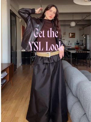 How to get the #YSL FW25 look (with what I already have in my closet) in the most orchestral way possible. There are particular kinds of outfits that come together in this sort of way. @MAJE brown turtleneck sweater Old black BITE dress  @Apparis belt Old @Banana Republic leather bomber jacket  Laura Gray NYC earrings  ATP pumps #Runway #fashion #grwm #OOTD 