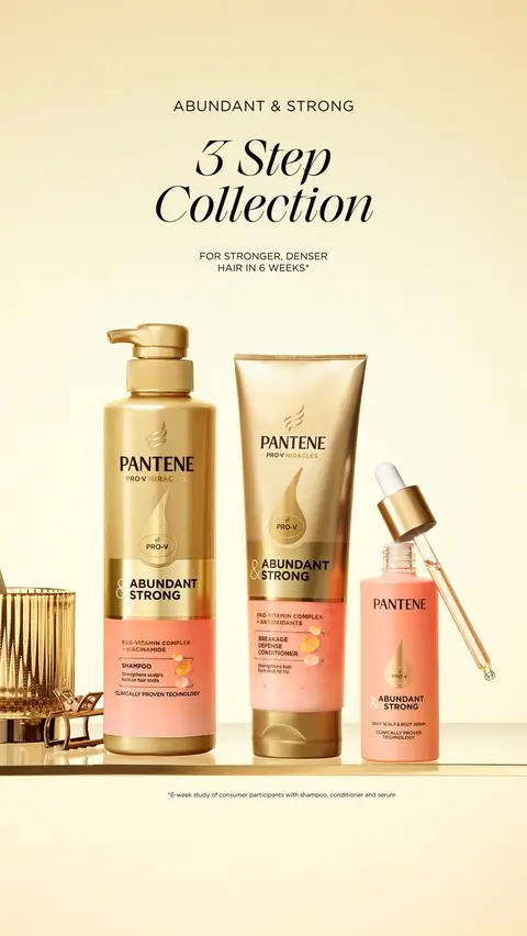 Pantene Abundant & Strong Collection 1. Cleansing Shampoo 2. Breakage Defense Conditioner 3. DAILY Scalp Serum