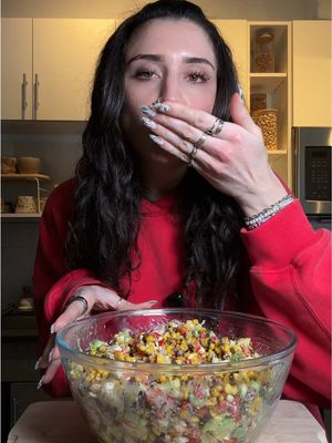 Corn & feta scoopable salad Ingredients 2 bags frozen fire roasted corn I can black beans 1 cucumber 2 red bell peppers 1 shallot Feta cheese 1.5 avocados  Juice of 1 lime Light mayo Salt, chili powder, garlic powder, onion powder  #healthyrecipes #healthylunch #salad #saladrecipe 
