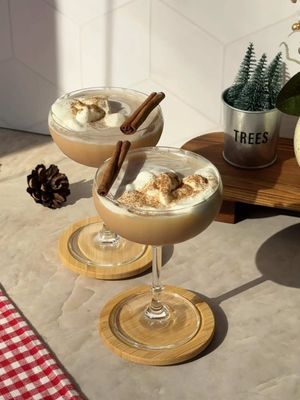 make these cozy eggnog martinis for the holiday season made dairy-free with @Califia Farms Holiday Nog! 🎄✨ #califiapartner  🎄to a shaker, add 1 oz vanilla syrup, 1 oz amaretto liqueur, 3 oz rum, and 6 oz Holiday Nog 🎄shake until well combined and pour into martini glasses  🎄top with a dollop of dairy-free whipped cream and garnish with cinnamon 