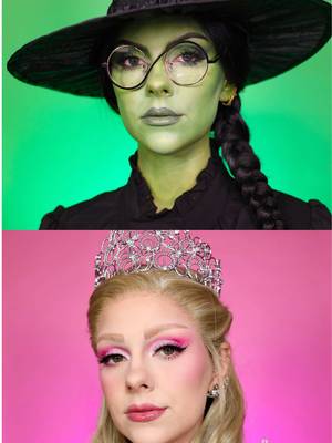 Are you team Elphaba or team Glinda 💖✨💚 Obsessed with how these transformations turned out and what a fun video to recreate 🙌🏻  Products: @Kryolan UK Supracolour Elphaba base  @Painted Artistry Canvas Palette & Pink Drink Blush Duo @Natasha Denona Hy-Glam Foundation @Estée Lauder Double Wear Concealer @Huda Beauty Easy Bake Loose Setting Powder & Lip Contour Stain @Benefit Cosmetics UK Roller Lash Mascara  @Fenty Beauty Gloss Bomb Vib: @Ling.KT  @Wicked: For Good @Cynthia Erivo @arianagrande  #wicked #wickedforgood #glinda #elphaba #makeup 