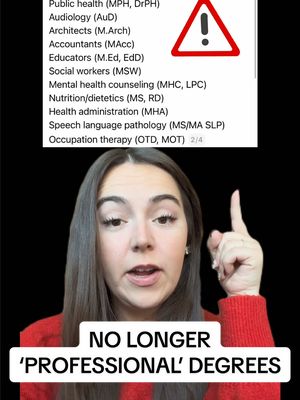 🚨 As of July 1, 2026, nursing, PT, PA programs and more are being reclassified, no longer as ‘professional’ degrees. This decision could have massive consequences for workers and our entire healthcare system! These are the degrees that are being reclassified: Nursing (MSN, DNP, APRN, NP) Physician assistants (PA-C, MPAS, MSPAS) Physical therapy (DPT) Public health (MPH, DrPH) Audiology (AuD) Architects (M.Arch) Accountants (MAcc) Educators (M.Ed, EdD) Social workers (MSW) Mental health counseling (MHC, LPC) Nutrition/dietetics (MS, RD) Health administration (MHA) Speech language pathology (MS/MA SLP) Occupation therapy (OTD, MOT) These are the degrees that are still considered ‘professional’: Medicine (MD, DO) Pharmacy (PharmD) Dentistry (DDS, DMD) Optometry (OD) Law (JD) Veterinary medicine (DVM) Osteopathy (DO) Podiatry (DPM) Chiropractic (DC) Theology (M.Div) Clinical psychology (PsyD, some PhD) If you care about accessible healthcare, pay equity, and protecting essential workers, speak up. Contact your lawmakers, sign petitions, and share this story. These workers deserve better, and so do the millions of us who rely on them 💚