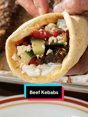 Save this recipe to your meal plan collection for an easy week night dinner option! • Want to make Beef Kebabs yourself? All you need is:  Ingredients:  2 lbs lean ground beef 3 cloves garlic, minced 1/2 small red onion, diced 1 cup chopped parsley 1 tbsp cumin 1 tbsp coriander 1 tbsp smoked paprika 1 tsp cinnamon 1 tsp garlic powder 2 tsp salt Pepper to taste TO SERVE Store-bought tzatziki Chopped cucumber Red onions (soaked in lemon juice) Feta Chopped fresh mint Greek style pita bread • Bold, simple, and built to serve a crew! Save this one for later folks! 