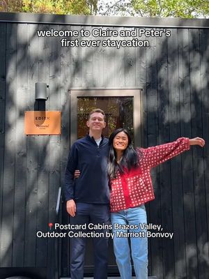 staycation? who are these people and what did they do with claire + peter?!📍Postcard Cabins, Brazos Valley, TX @Marriott Bonvoy  PSA to all end-of-year travelers + adventurers…Earn 2,025 Bonus Points per stay on end of year travel, up to 3 stays. Plus, an additional 2,000 bonus points on each stay with Marriott Bonvoy Outdoors. (October 28, 2025 – January 10, 2026) Everything that comes in our cabin 🏡 -comfiest bed ever (doesn’t feel like you’re camping) -dishes, sink, cutlery, stove, fridge -wood/fire starter kit -snacks, hot chocolate, smores kit -coffee, tea, water -AC/heat, running water + electricity -in-cabin bathroom + hot water shower -fire pit, chairs, picnic bench #marriottbonvoypartner 