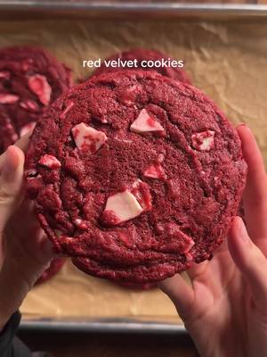 red velvet cookies 1 cup (226g) unsalted butter, soft 3/4 cup (150g) light brown sugar 1/4 cup (50g) white sugar 1 egg + 1 egg yolk 1 tsp (5g) vanilla extract 2 tsp (8g) red GEL food coloring (or 1 tbsp liquid) 2 1/3 cups (300g) ap flour 1/2 tsp (3g) salt 1 tsp (6g) baking soda 2 tbsp (12g) dutch-processed cocoa powder 1/8 teaspoon (0.5g) cream of tartar 1 cup cream cheese chips or white chocolate *cream together butter and sugars. then add in the egg + egg yolk, vanilla, and red dye. note: you can also use beet powder for an alternative! in another bowl whisk the flour, salt, baking soda, cocoa pwoder, and cream of tartar. add the dry to the wet and fold to combine. dont overmix. then fold in the chips or chopped chocolate. rest in the fridge at least an hour, i recommend over 4. then bake at 350 for 12-14 min depending on the size :) #redvelvet #cookies #Recipe 