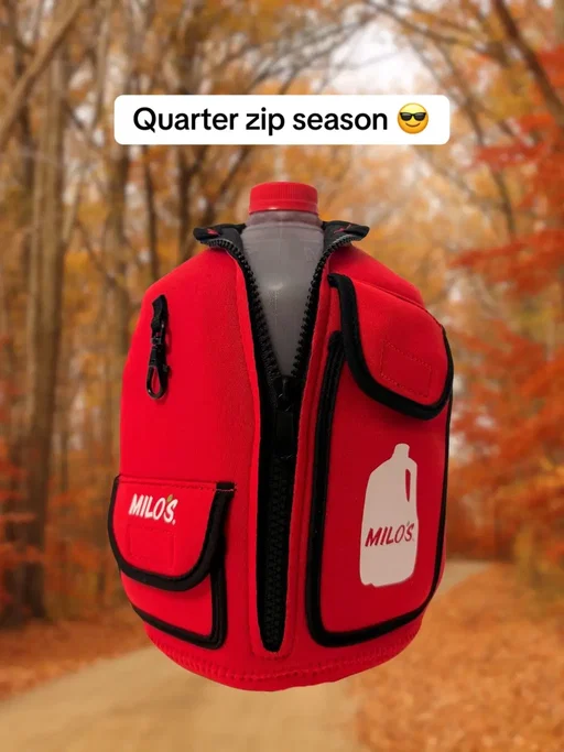 Great news — the Milo's Jug Hugger is back in stock! Shop now at the Milo's merch store (link in bio) for your next holiday gift. #DrinkMilos #jughugger #Milos #sweettea 
