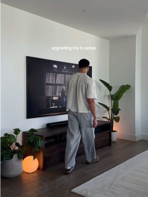 Upgrading my tv setup. What do you think? Decided to switch to a slightly longer credenza/tv stand to better fit the size of my tv. I feel like it creates a much cleaner and uniform look. #interiordesign #tvsetup #interiordecor #asmr #credenza