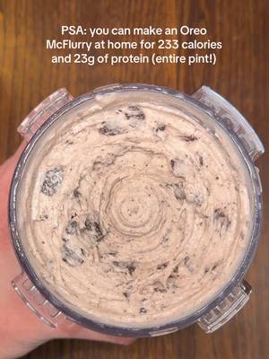 233 calories 23g protein (for the entire pint, mix-ins included) Oreo McFlurry Protein Ice Cream 😋🍦 Original recipe from my Recipe Book - 🔗 in bio  • • • • #ninjacreami #proteinicecream #mcflurry #oreo #fpf 