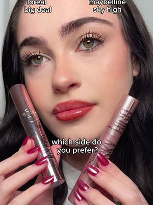 putting the maybelline sky high and the loreal paradise big deal mascara to the lash test today✨ which side would you wear?🤭💖 #mascara #longlashes #volumizingmascara #mascarareview #bestmascara 